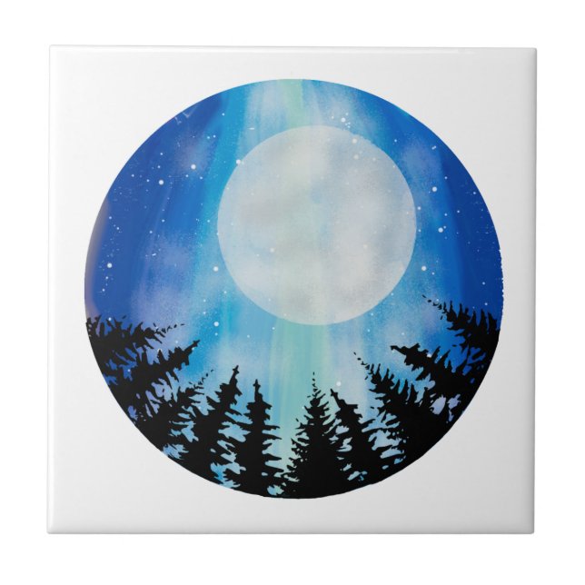 Whimsical Night Full Moon Forest Sky  Blue Circle Ceramic Tile (Front)