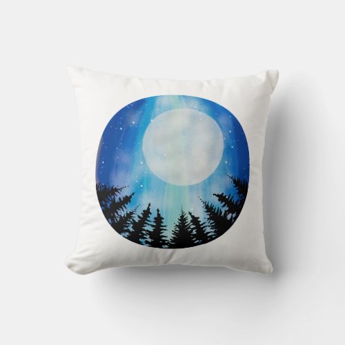 Whimsical Night Full Moon Forest Sky Stars Blue Throw Pillow