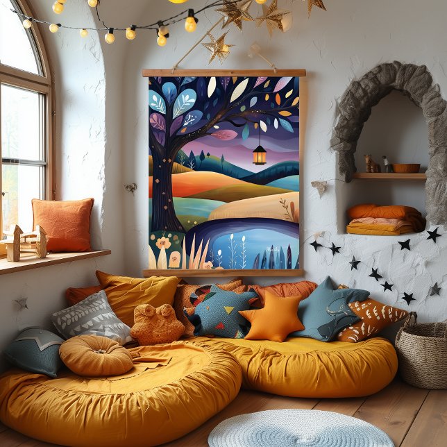 Whimsical Night Landscape Illustration Hanging Tapestry (Creator Uploaded)
