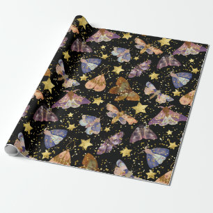 Whimsical Night Moth Butterflies Faux Gold Stars Wrapping Paper
