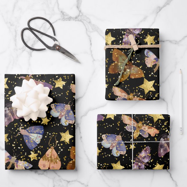 Whimsical Night Moth Butterflies Faux Gold Stars Wrapping Paper Sheets (Front)