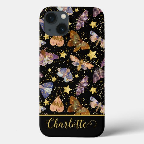 Whimsical Night Moth Butterflies Glitter Star Name iPhone 13 Case