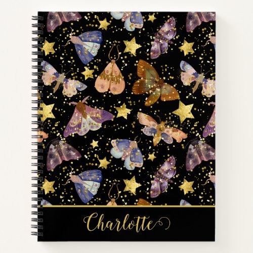 Whimsical Night Moth Butterflies Glitter Star Name Notebook