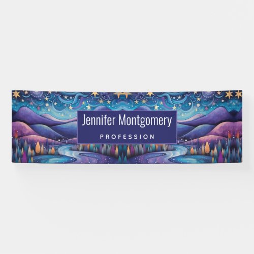 Whimsical Night Mountains and Trees Landscape Banner
