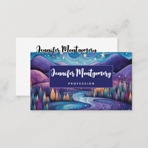 Whimsical Night Mountains and Trees Landscape Business Card