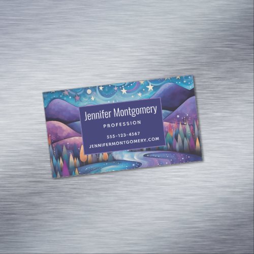 Whimsical Night Mountains and Trees Landscape Business Card Magnet