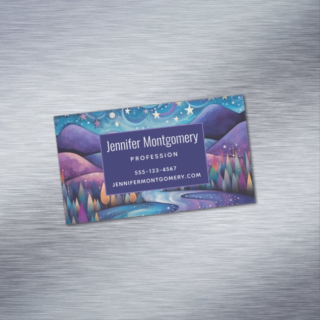 Whimsical Night Mountains and Trees Landscape Business Card Magnet (In Situ)