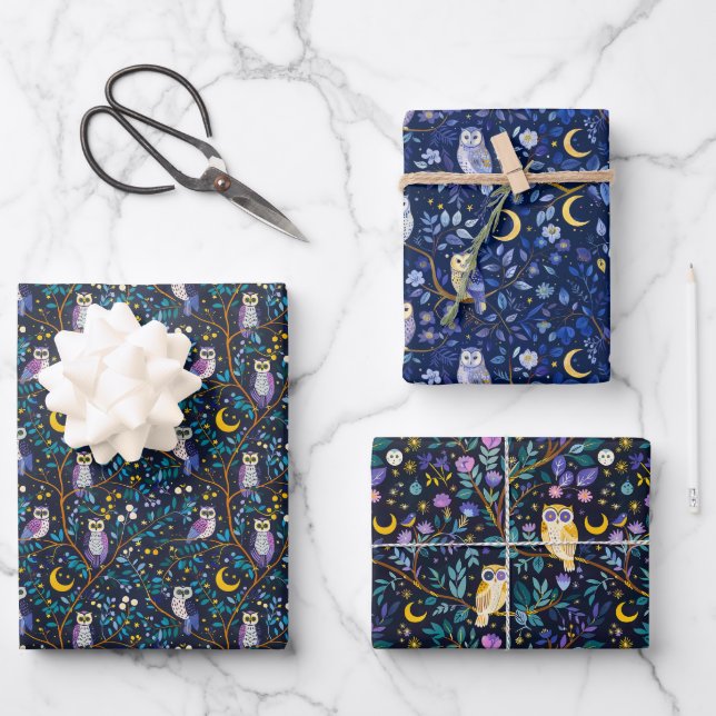 Whimsical Night Owl Pattern – Enchanting Forest  Wrapping Paper Sheets (Front)