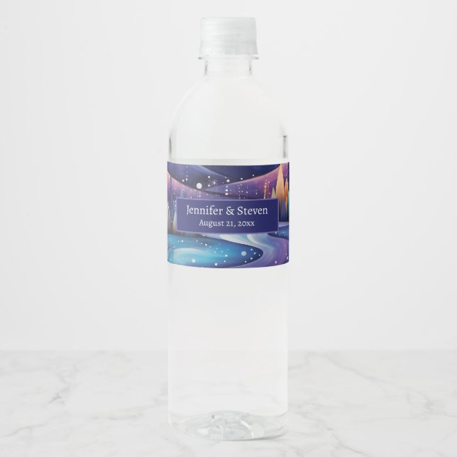Whimsical Night - River, Trees and Hills Wedding Water Bottle Label (Front)