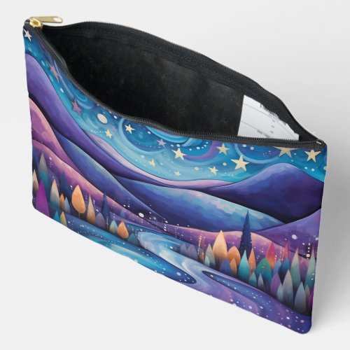 Whimsical Night _ River Trees and Mountains Accessory Pouch