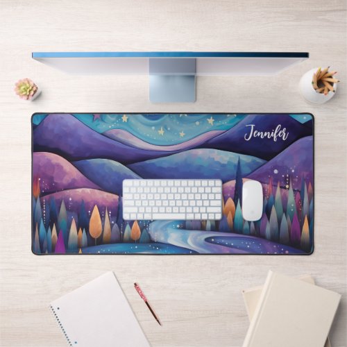 Whimsical Night _ River Trees and Mountains Desk Mat