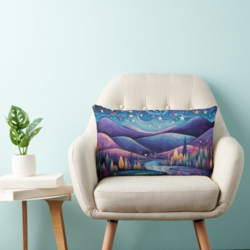 Whimsical Night _ River Trees and Mountains Lumbar Pillow