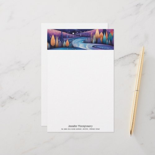 Whimsical Night _ River Trees and Mountains Stationery