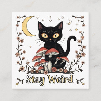 Whimsical noir cat framed by red mushrooms and pal enclosure card