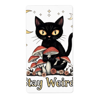Whimsical noir cat framed by red mushrooms and pal label