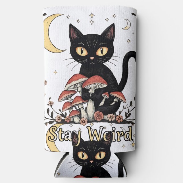Whimsical noir cat framed by red mushrooms and pal seltzer can cooler (Front)