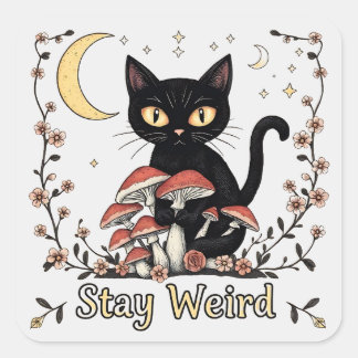 Whimsical noir cat framed by red mushrooms and pal square sticker