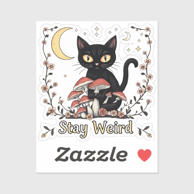 Whimsical noir cat framed by red mushrooms and pal sticker (Sheet)