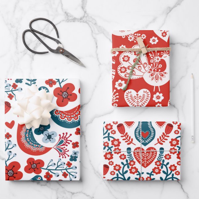 Whimsical Nordic Christmas Birds Wrapping Paper Sheets (Front)