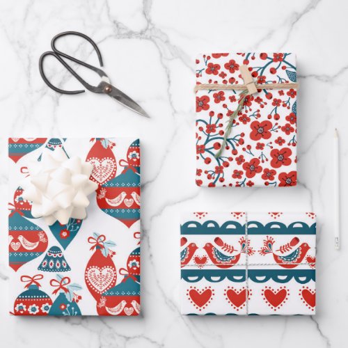 Whimsical Nordic Christmas Ornaments and Deer Wrapping Paper Sheets