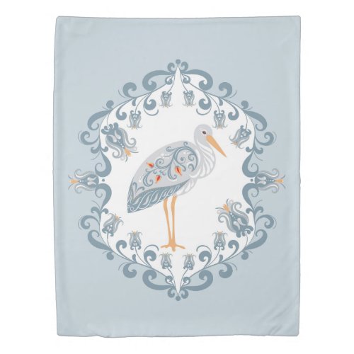 Whimsical Nordic Folk Art Stork  Scandinavian Duvet Cover