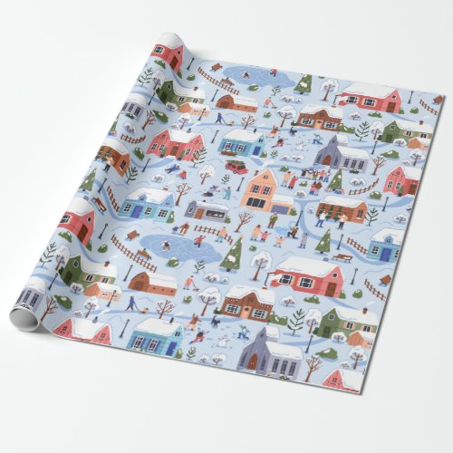 Whimsical Nordic Hygge Christmas Village Pastel  Wrapping Paper