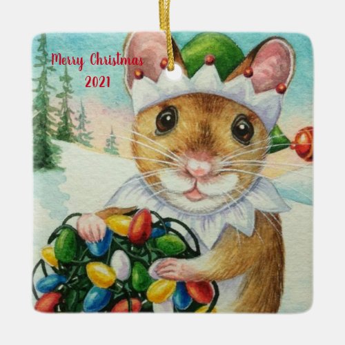 Whimsical North Pole Elf Mouse Watercolor Art Ceramic Ornament