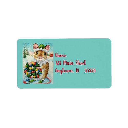 Whimsical North Pole Elf Mouse Watercolor Art Label