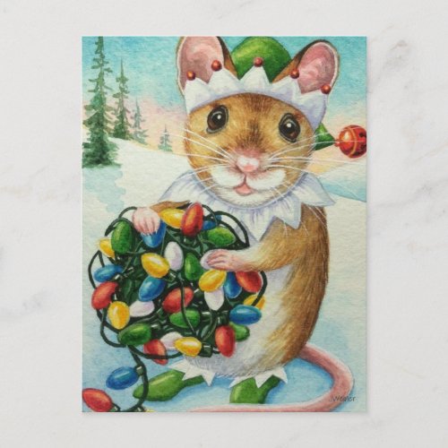 Whimsical North Pole Elf Mouse Watercolor Art Postcard