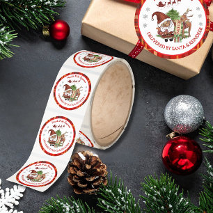 Whimsical North Pole Express Santa Red Plaid Classic Round Sticker