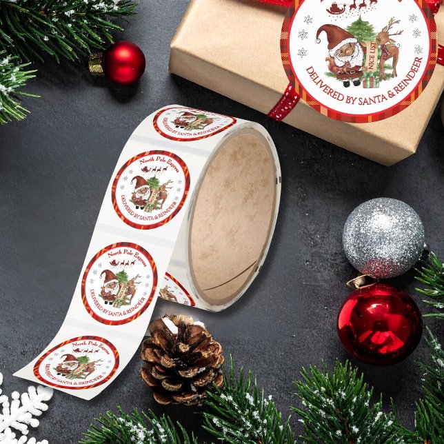 Whimsical North Pole Express Santa Red Plaid Classic Round Sticker (Whimsical North Pole Express Santa Red Plaid Classic Round Sticker)