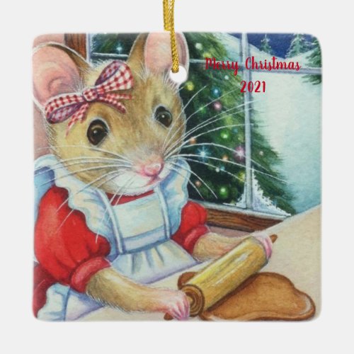 Whimsical North Pole Gingerbread Baker Mouse Art Ceramic Ornament
