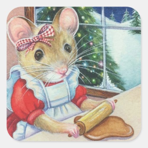 Whimsical North Pole Gingerbread Baker Mouse Art Square Sticker