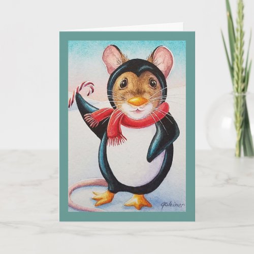 Whimsical North Pole Penguin Mouse Watercolor Art Card