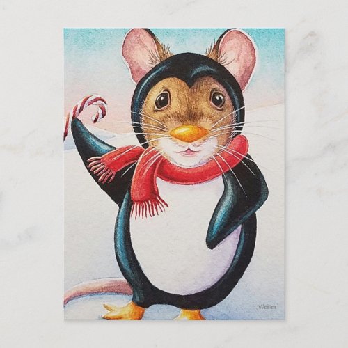 Whimsical North Pole Penguin Watercolor Mouse Art Postcard