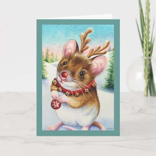 Whimsical North Pole Reindeer Mouse Watercolor Art Card