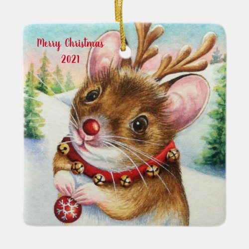 Whimsical North Pole Reindeer Mouse Watercolor Art Ceramic Ornament