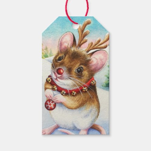 Whimsical North Pole Reindeer Mouse Watercolor Art Gift Tags
