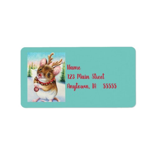 Whimsical North Pole Reindeer Mouse Watercolor Art Label