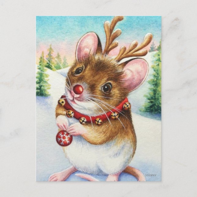 Whimsical North Pole Reindeer Mouse Watercolor Art Postcard (Front)