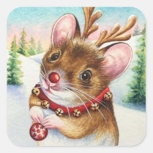 Whimsical North Pole Reindeer Mouse Watercolor Art Square Sticker