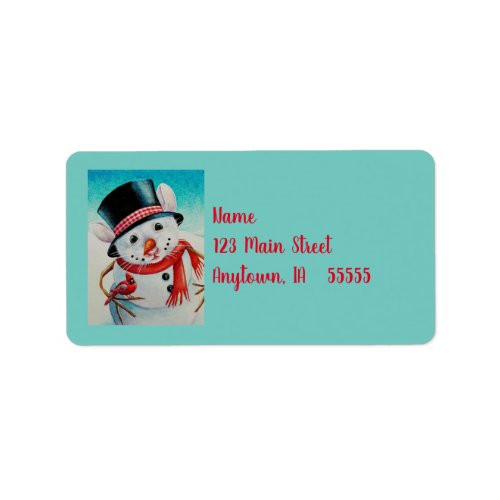 Whimsical North Pole Snowman Mouse Watercolor Art Label