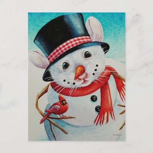 Whimsical North Pole Snowman Mouse Watercolor Art Postcard