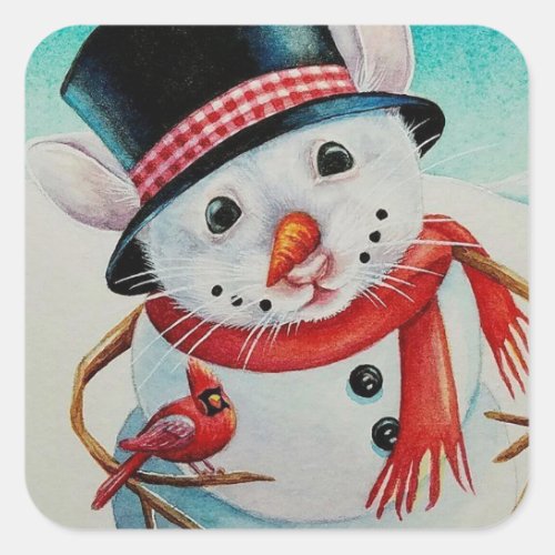 Whimsical North Pole Snowman Mouse Watercolor Art Square Sticker