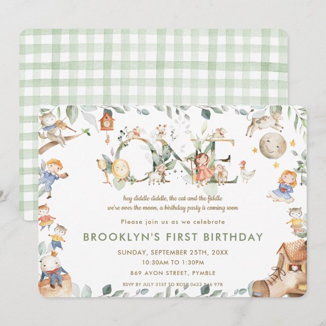 Whimsical Nursery Rhyme Greenery 1st Birthday Invitation (Front/Back)