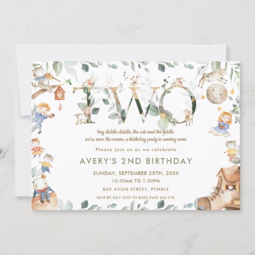 Whimsical Nursery Rhyme Greenery 2nd Birthday Invitation