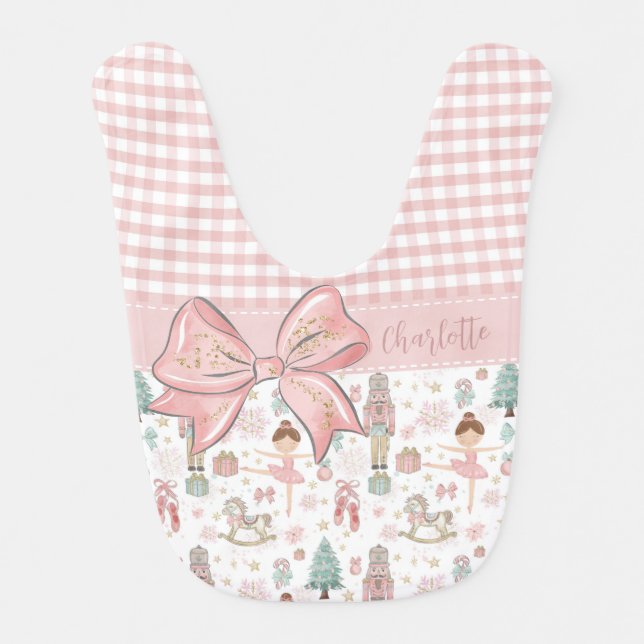 Whimsical Nutcracker Pastel Pink Christmas Ballet Baby Bib (Front)