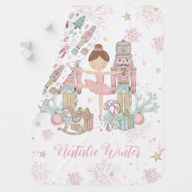 Whimsical Nutcracker Pastel Pink Christmas Ballet Baby Blanket (In Situ)