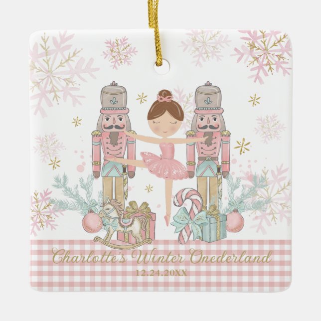 Whimsical Nutcracker Pastel Pink Christmas Ballet Ceramic Ornament (Front)
