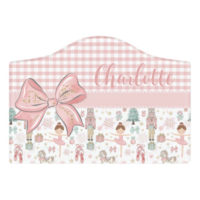Whimsical Nutcracker Pastel Pink Christmas Ballet Door Sign (Small Crest Front)